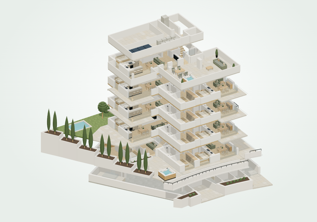 Vista isométrica de la maqueta de SantGenís3 sin envolvente